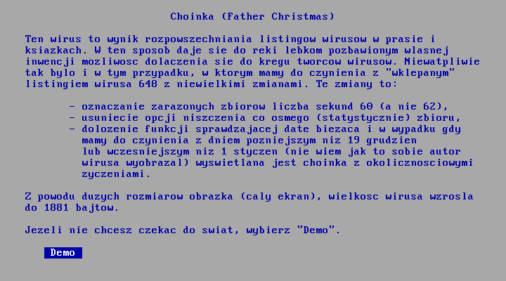 Entry from the virus encyclopedia with a demonstration of the malware's operation